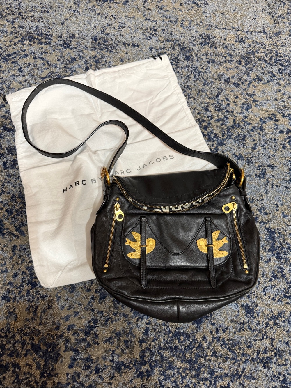 Marc by Marc Jacobs Black Leather Shoulder Bag with Gold Accents